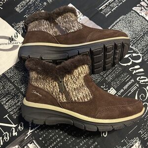 Skechers Brown Faux-Fur Trim Suedette Knit Ankle Booties